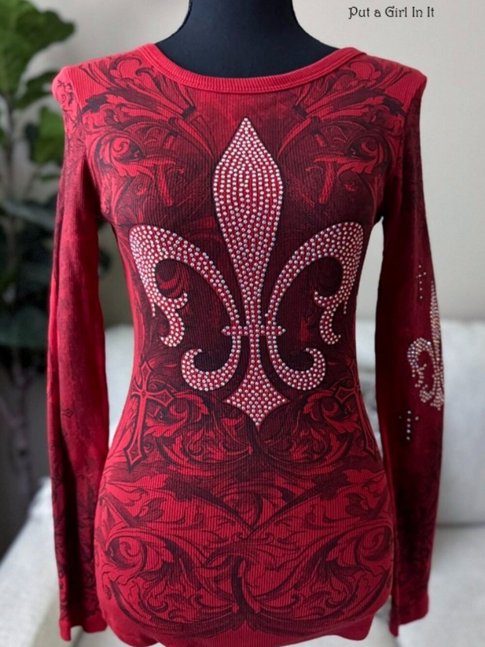 Vocal Apparel Women's Crystal Cherry Red Fleur De Lis Shirt Y2K Biker S Small